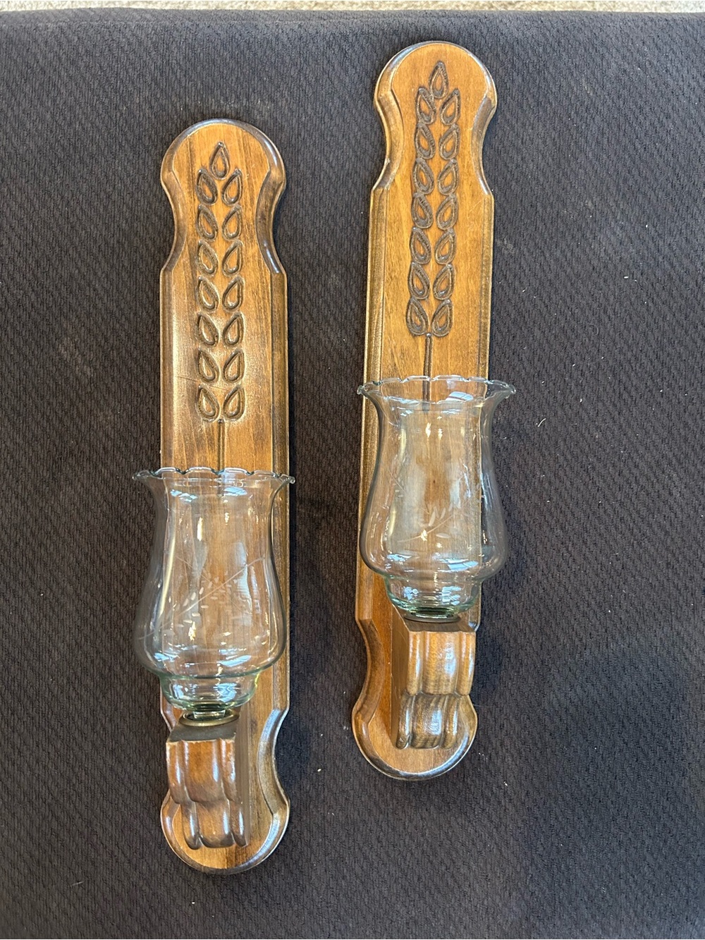Vintage Pair of Wooden Wall Sconces with Glass Hurricane Shades